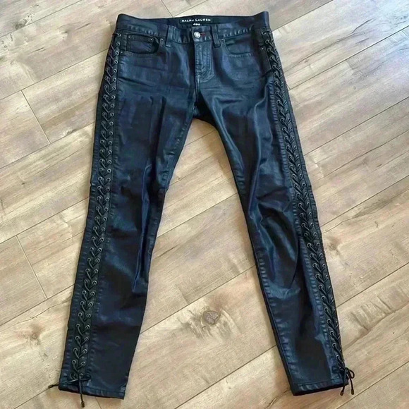 $1750 Luxury Ralph Lauren 400 Black Label coated denim pants leather trim Sz 28